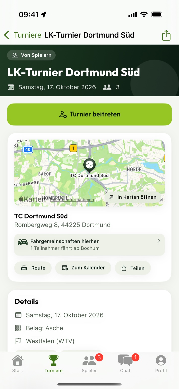 Turnierdetails mit Karte, Fahrgemeinschaften und Route