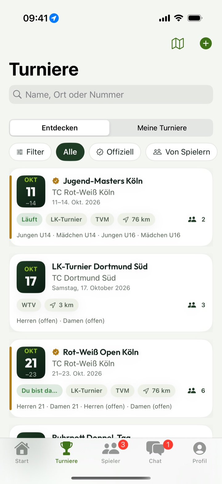 Turnierliste in der App mit Filtern nach Verband und Entfernung