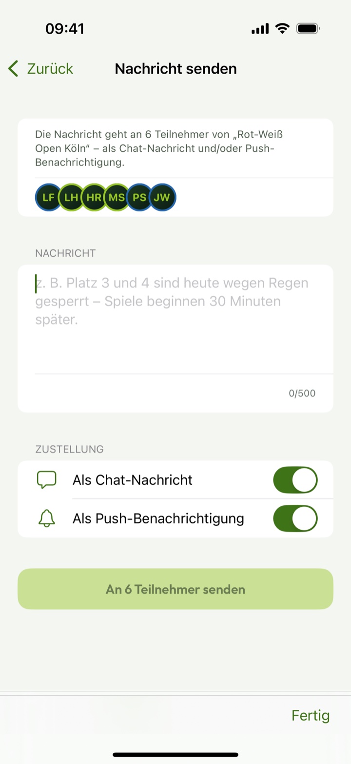 Nachricht an alle Teilnehmer:innen eines Turniers senden